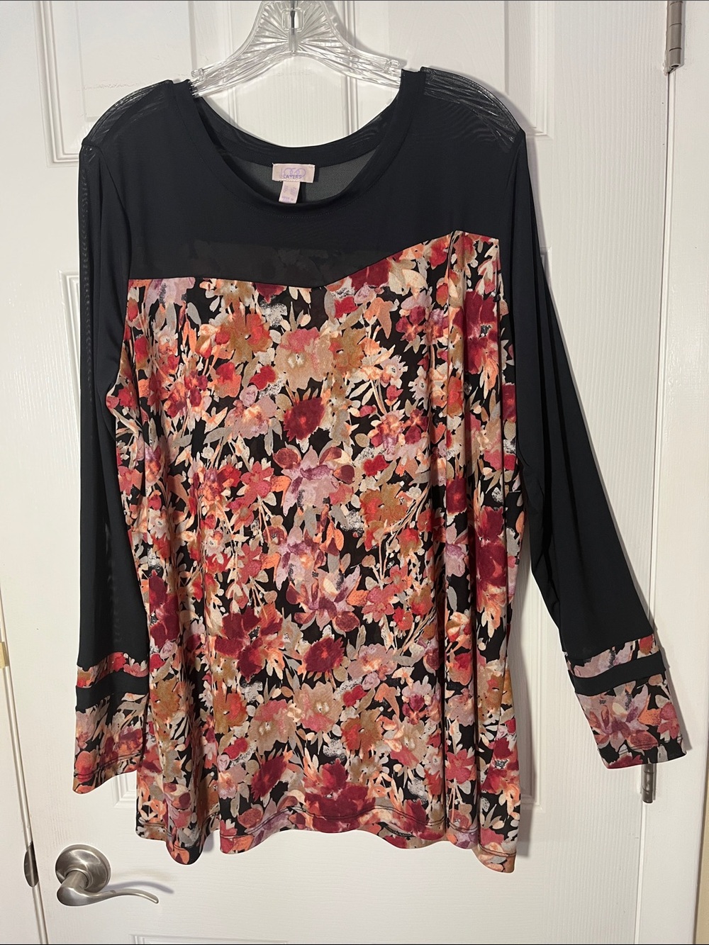 Logo Layers Lori Goldstein floral semi sheer mesh pullover red black tunic 2X